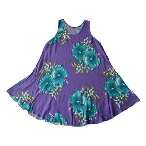 Vintage Y2K Hawaiian Hibiscus Floral Mini Dress - Purple & Teal, One Size